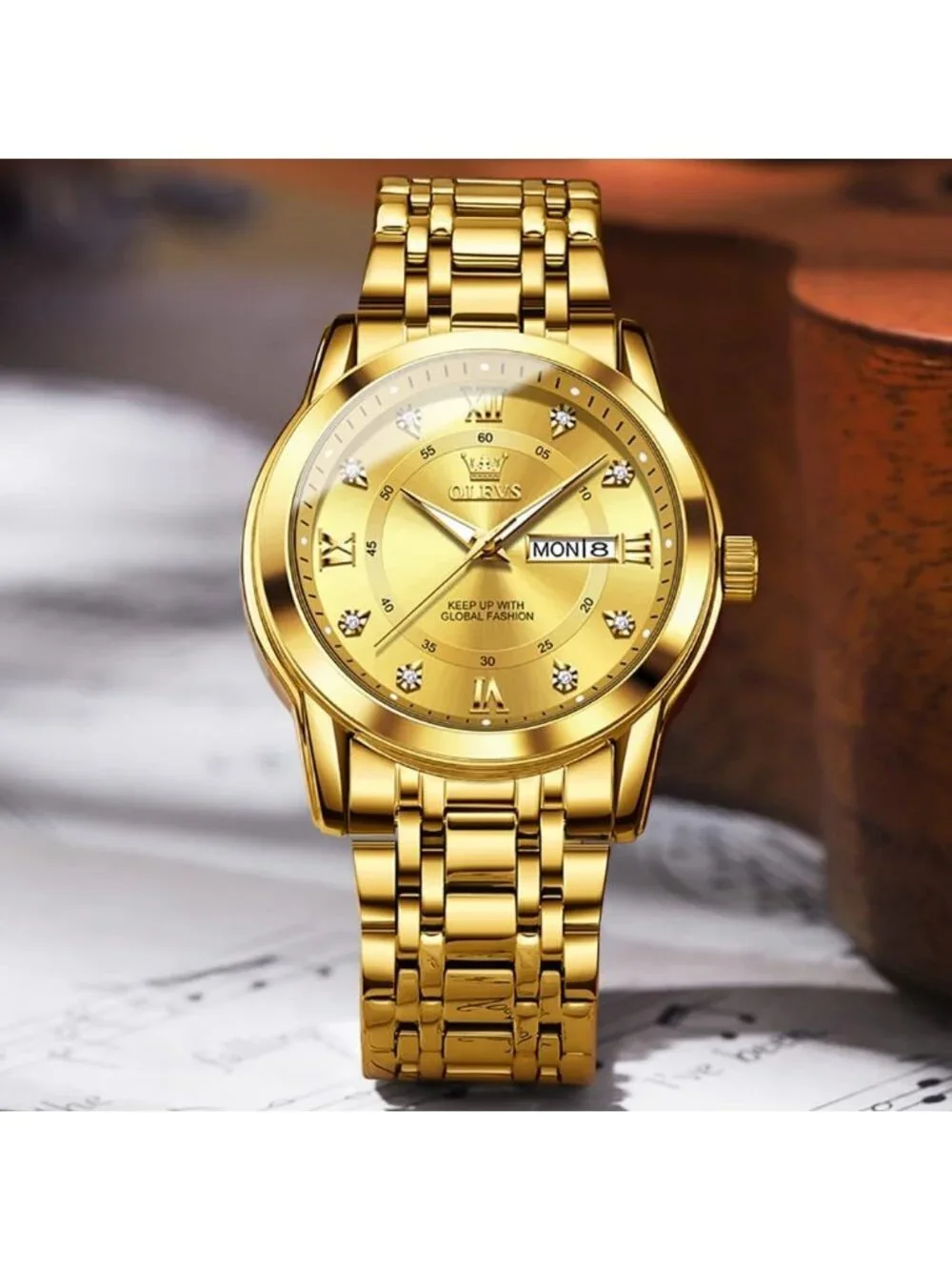 Men's Gold Dimond Stainless Steel Luminous Quartz Waterproof Round Classic Watch